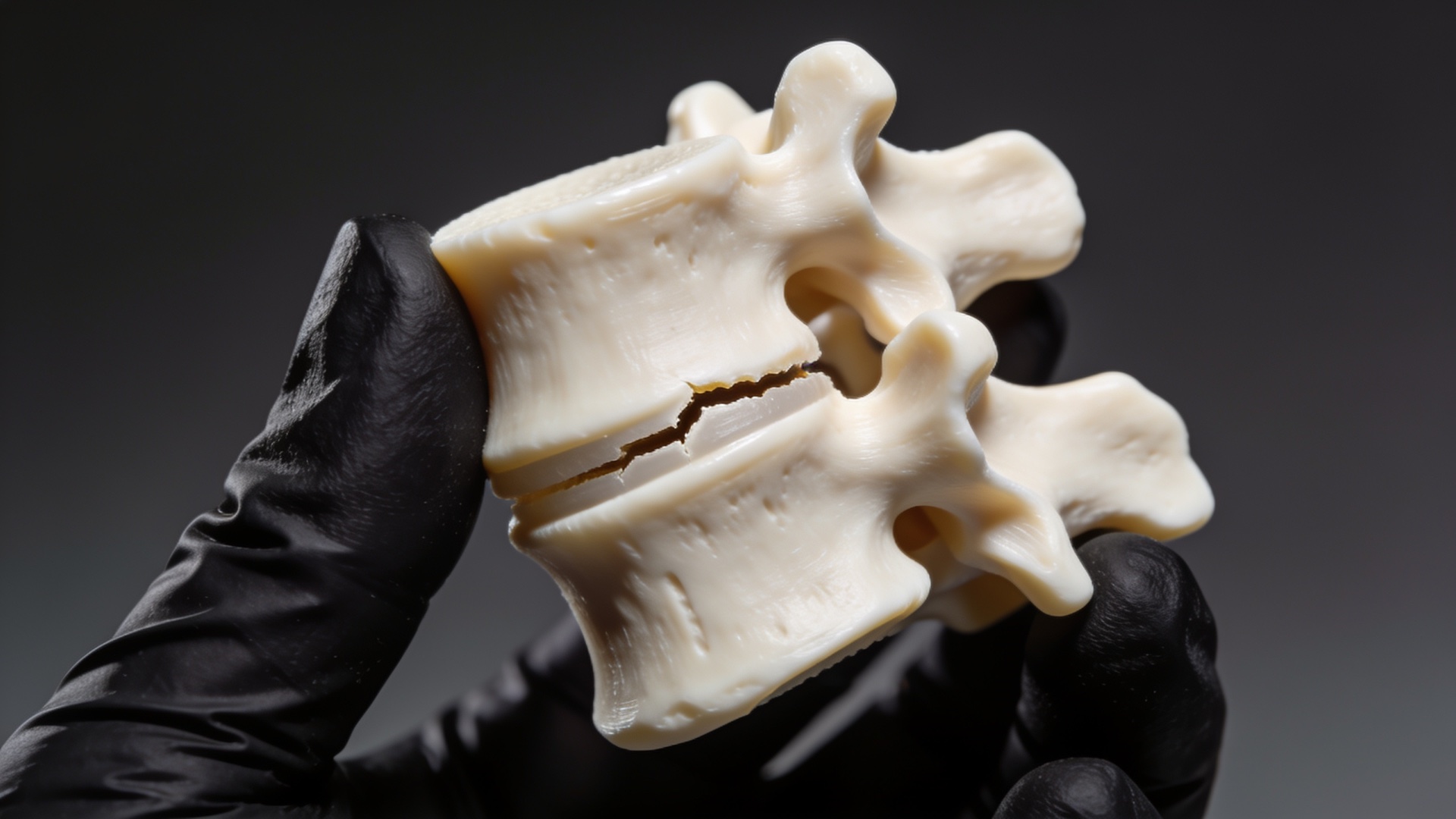 A black-gloved hand holding a fractured 3D-printed spinal vertebrae model