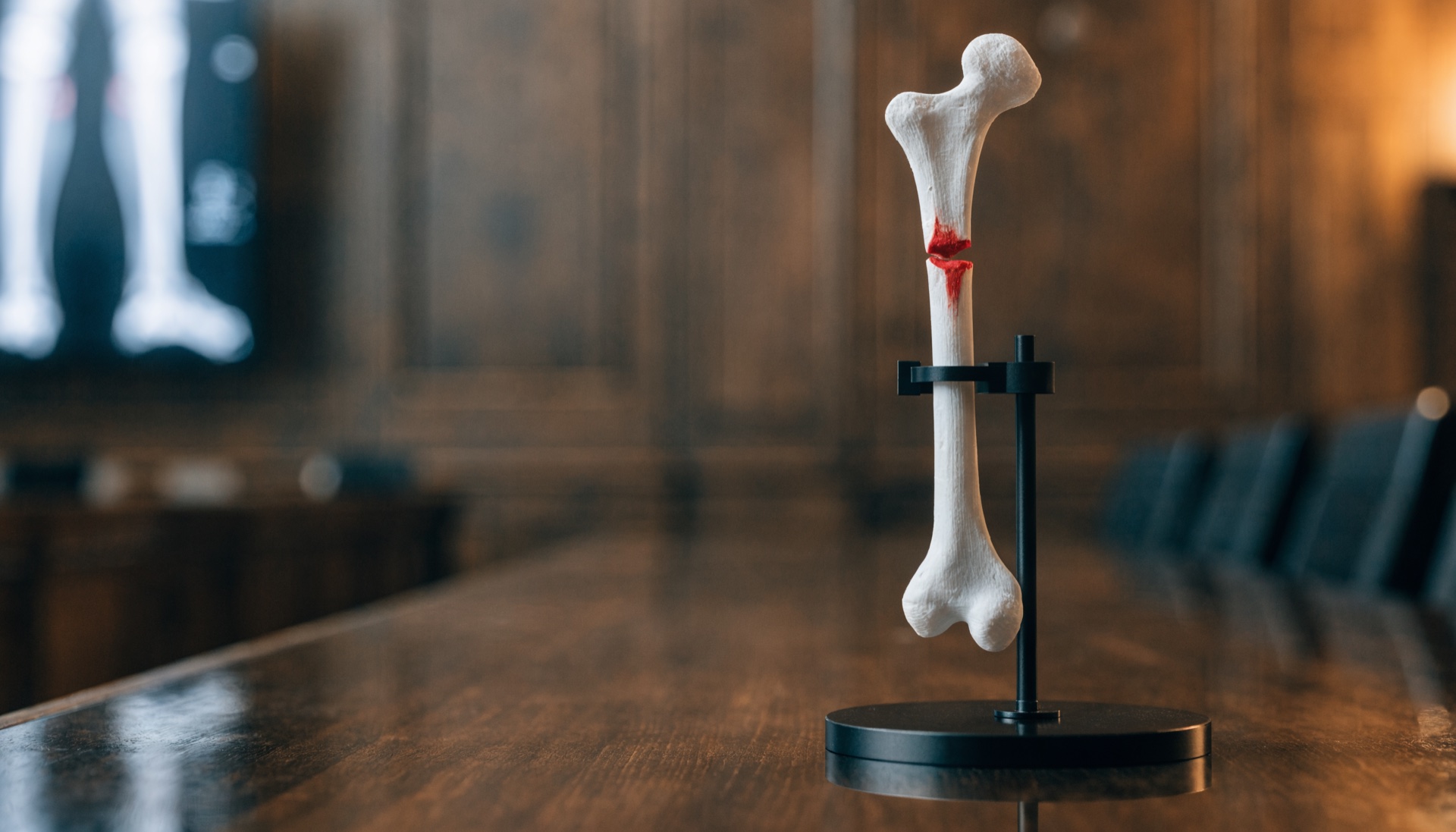 A 3D-printed femur with a highlighted fracture displayed on a courtroom stand