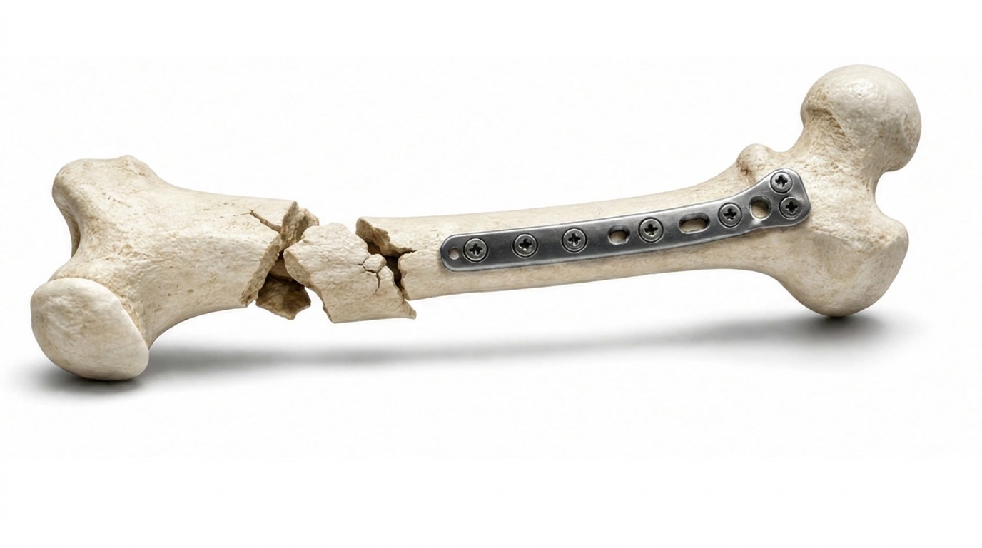 A 3D-printed femur model with a mid-shaft fracture repaired by a metal fixation plate and screws